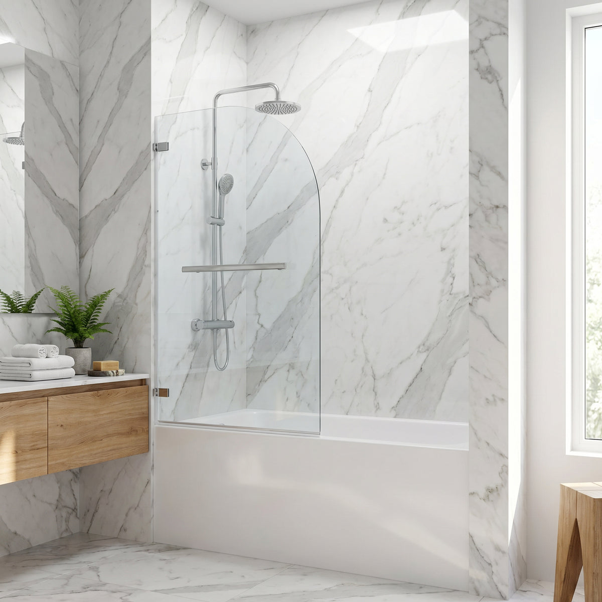 Orion 34 in. W x 58 in. H Hinged Frameless Tub Door in Chrome with 5/16 in. (8mm) Clear Glass and Cass 4-Piece Bath Hardware Set