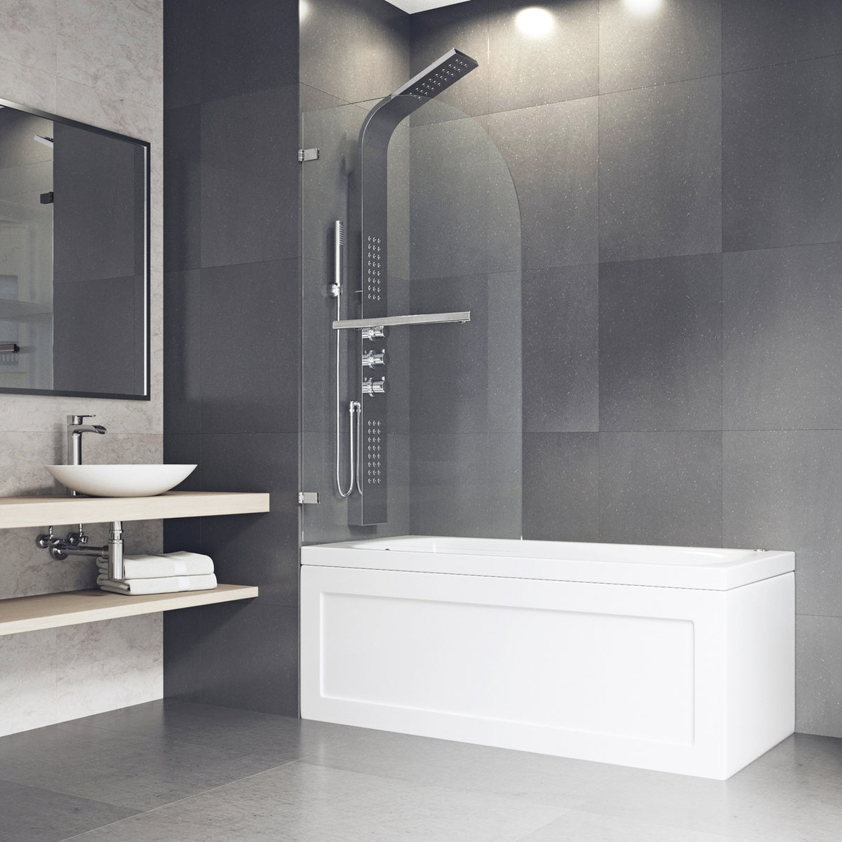Orion 34 in. W x 58 in. H Hinged Frameless Tub Door in Chrome with 5/16 in. (8mm) Clear Glass and Arden 3-Piece Bath Hardware Set