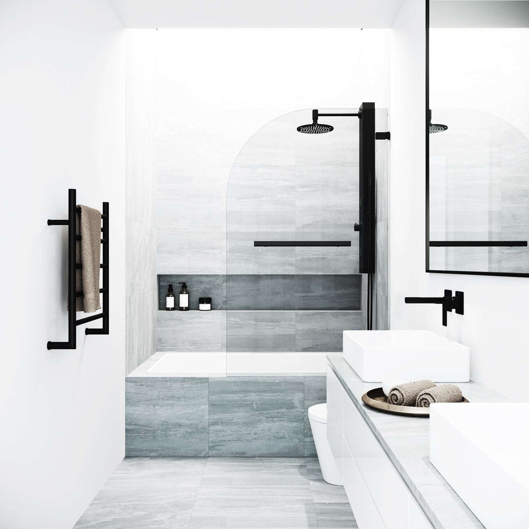 Matte black frameless tub door with clear tempered glass and bar handle