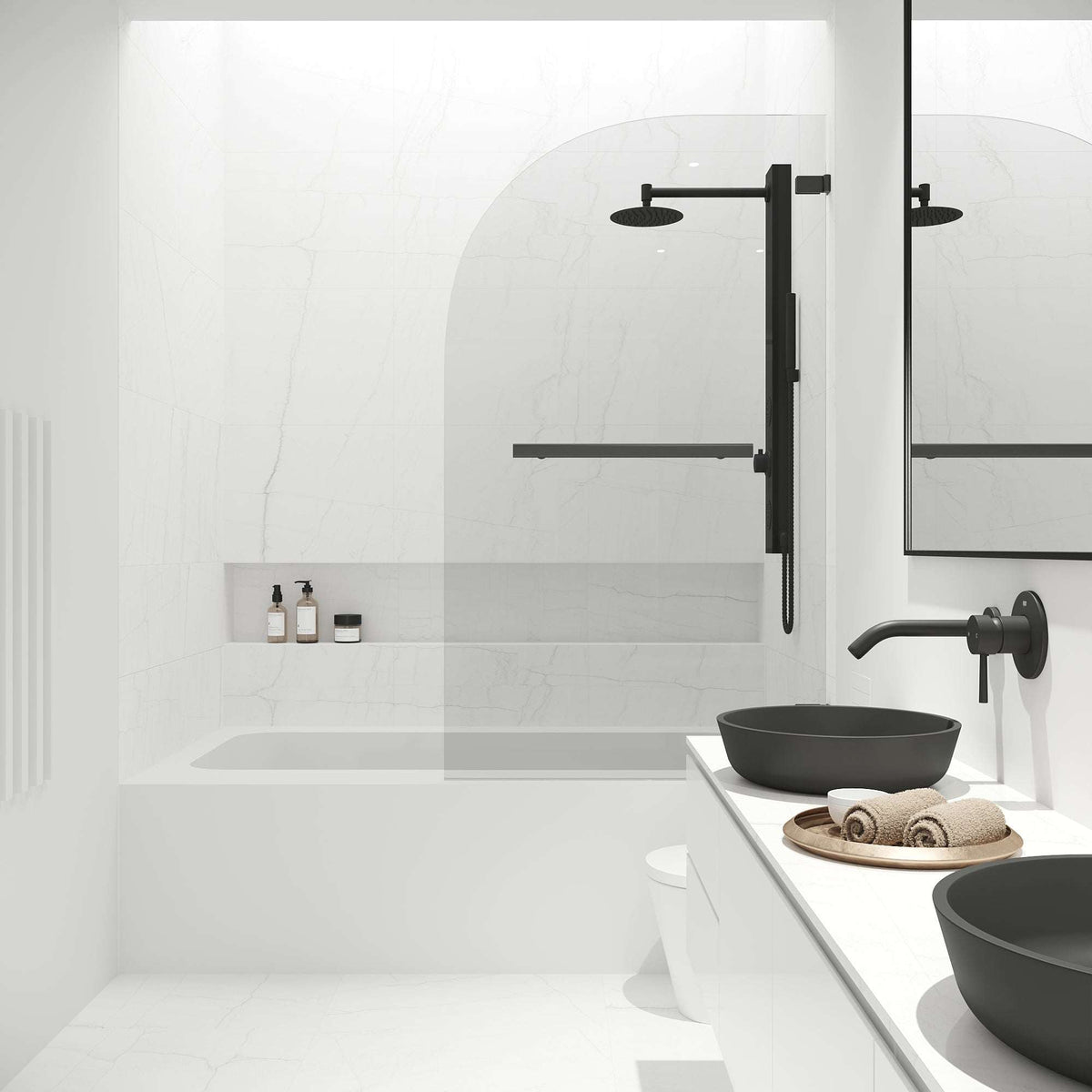 Modern contemporary tub door with seal-through technology and matte black finish