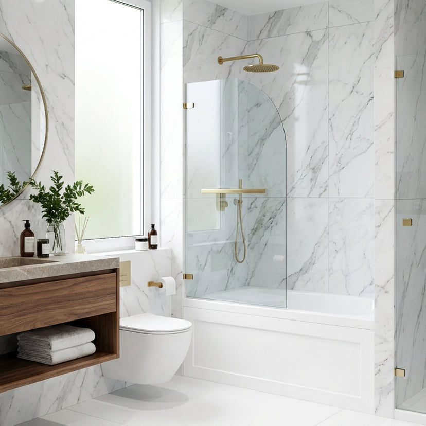 Orion 34 in. W x 58 in. H Frameless Hinged Tub Door and Satro 3-Piece Bath Hardware Set in Matte Brushed Gold