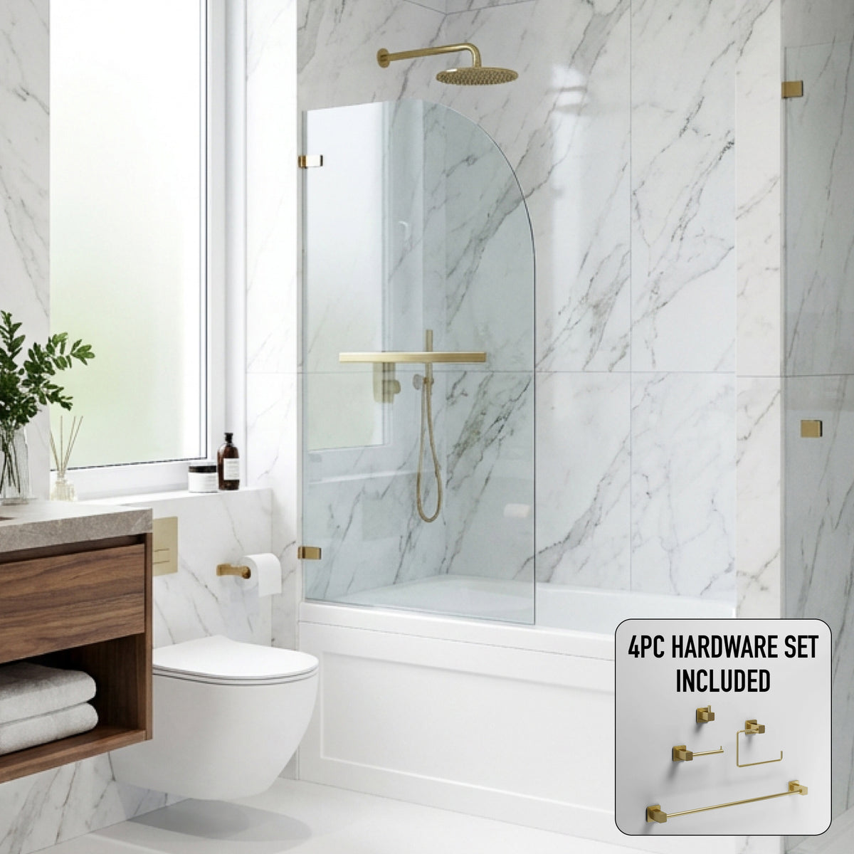Orion 34 in. W x 58 in. H Frameless Hinged Tub Door and Meridian 4-Piece Bath Hardware Set in Matte Brushed Gold