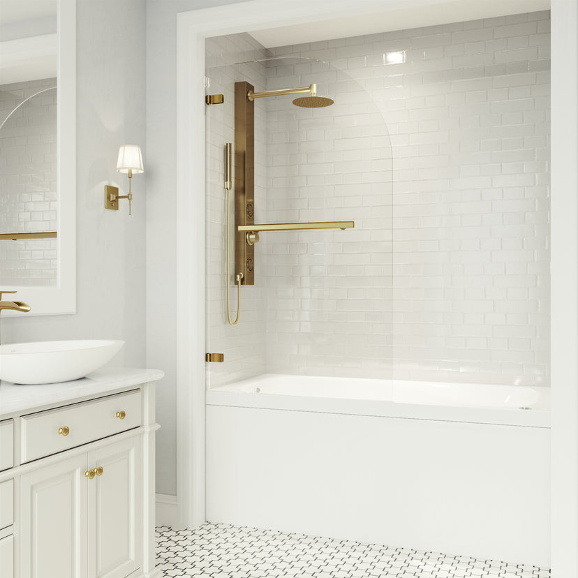 Orion 34 in. W x 58 in. H Frameless Hinged Tub Door and Meridian 4-Piece Bath Hardware Set in Matte Brushed Gold