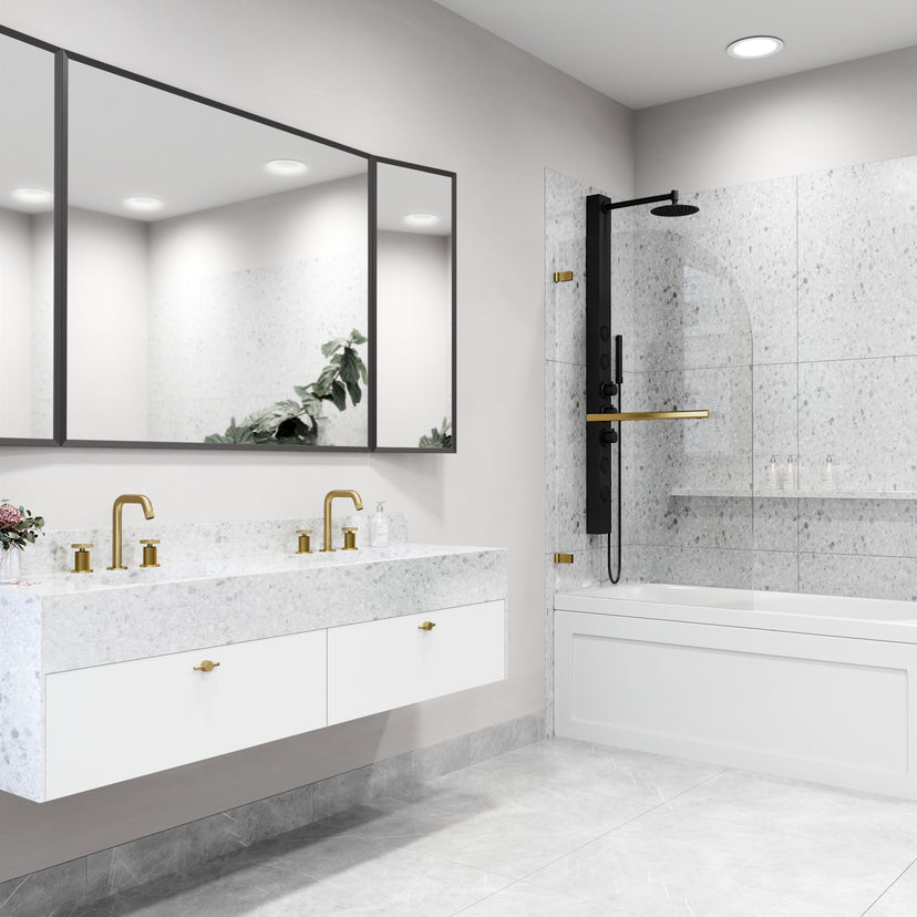 Orion 34 in. W x 58 in. H Frameless Hinged Tub Door and Meridian 4-Piece Bath Hardware Set in Matte Brushed Gold