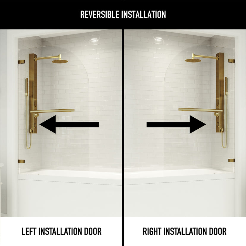 Orion 34 in. W x 58 in. H Frameless Hinged Tub Door and Meridian 4-Piece Bath Hardware Set in Matte Brushed Gold