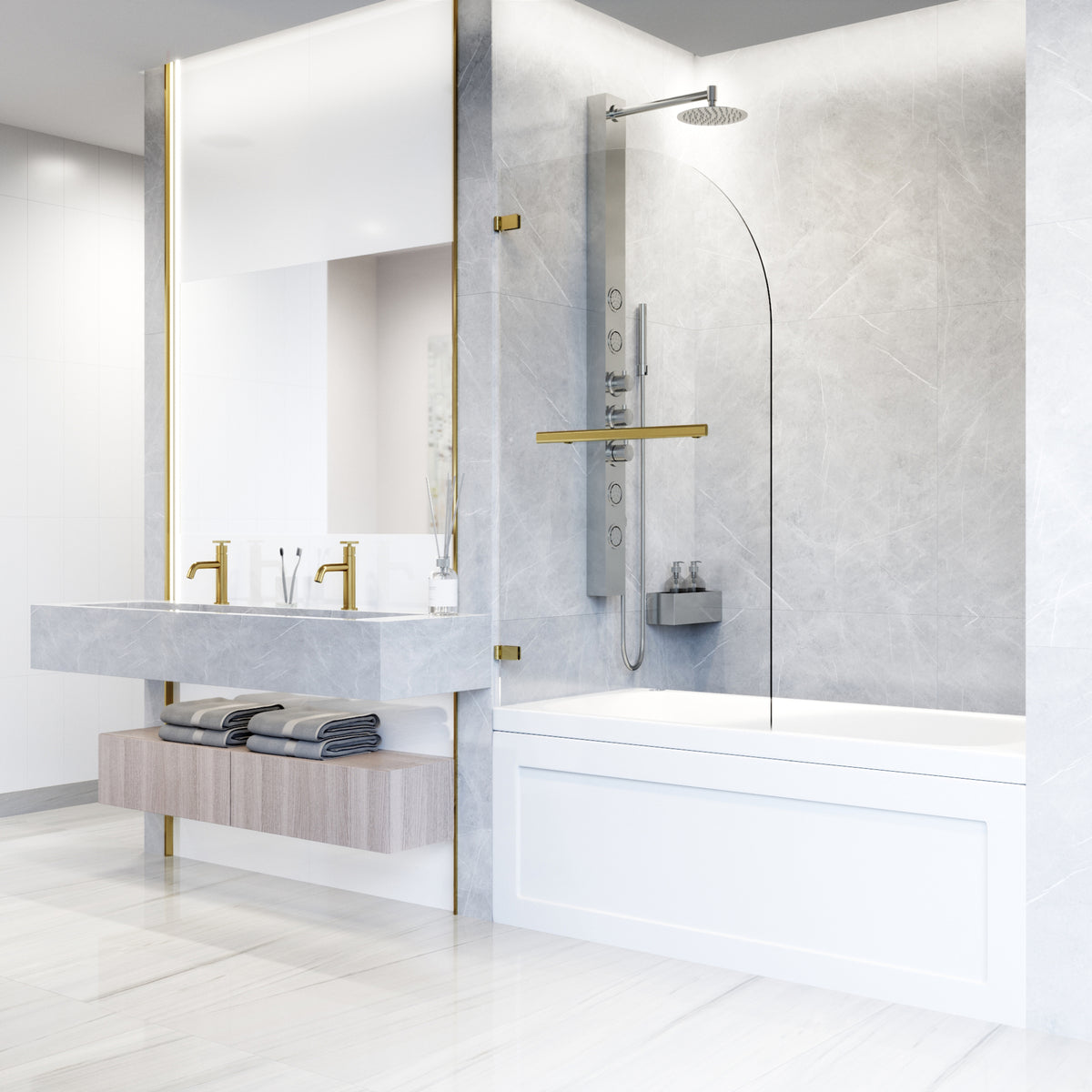 Orion 34 in. W x 58 in. H Hinged Frameless Tub Door in Matte Brushed Gold with 5/16 in. (8mm) Clear Glass and Cass 3-Piece Bath Hardware Set