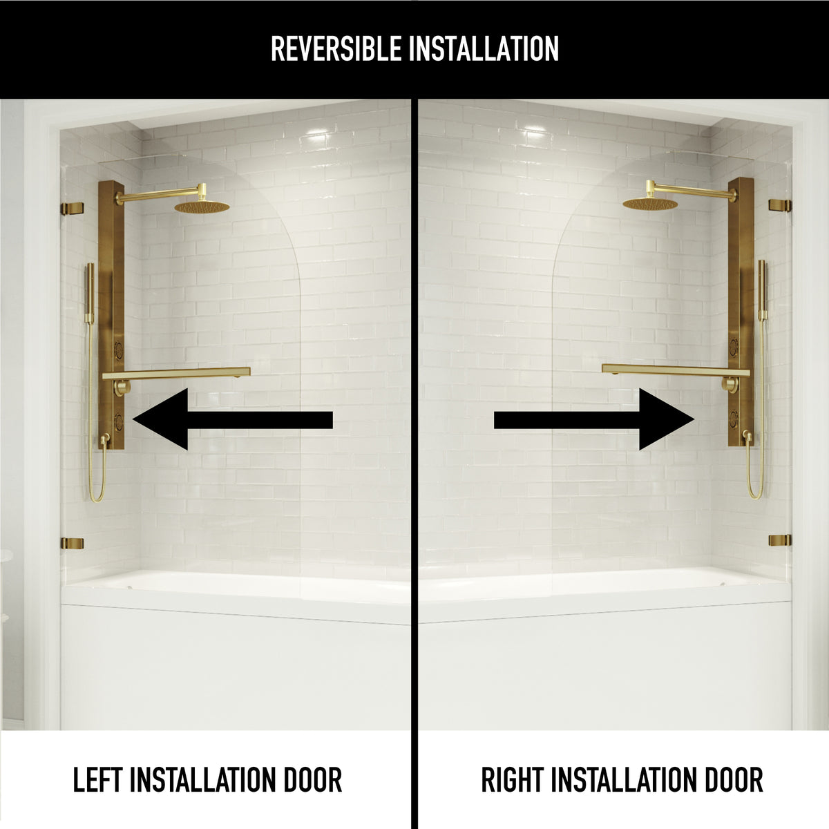 Orion 34 in. W x 58 in. H Hinged Frameless Tub Door in Matte Brushed Gold with 5/16 in. (8mm) Clear Glass and Cass 4-Piece Bath Hardware Set