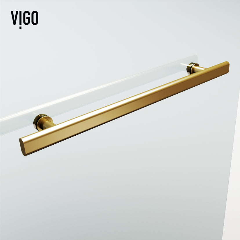 Orion 34 in. W x 58 in. H Hinged Frameless Tub Door in Matte Brushed Gold with 5/16 in. (8mm) Clear Glass and Cass 4-Piece Bath Hardware Set