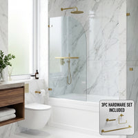 Orion 34 in. W x 58 in. H Hinged Frameless Tub Door in Matte Brushed Gold with 5/16 in. (8mm) Clear Glass and Arden 3-Piece Bath Hardware Set