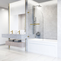 Orion 34 in. W x 58 in. H Hinged Frameless Tub Door in Matte Brushed Gold with 5/16 in. (8mm) Clear Glass and Arden 3-Piece Bath Hardware Set