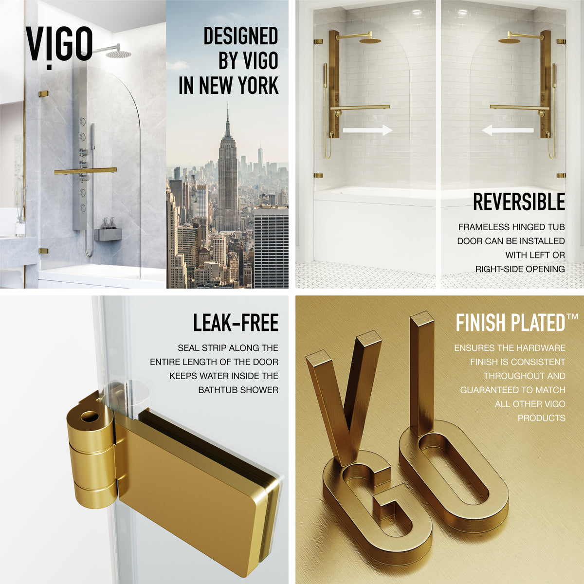 Orion 34 in. W x 58 in. H Hinged Frameless Tub Door in Matte Brushed Gold with 5/16 in. (8mm) Clear Glass and Arden 3-Piece Bath Hardware Set