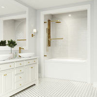 Orion 34 in. W x 58 in. H Hinged Frameless Tub Door in Matte Brushed Gold with 5/16 in. (8mm) Clear Glass and Arden 3-Piece Bath Hardware Set