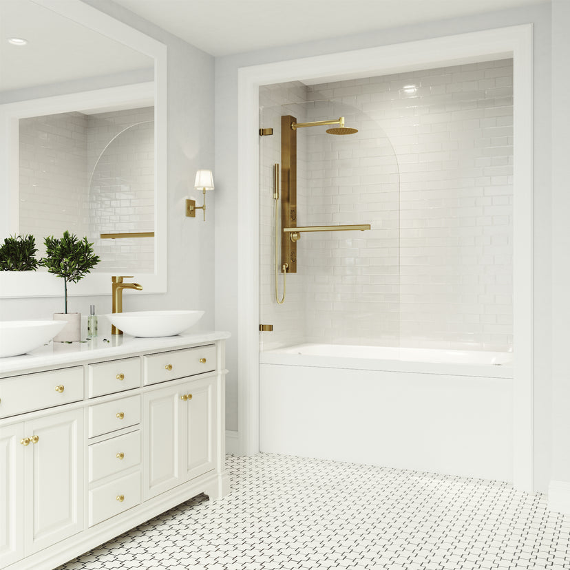 Orion 34 in. W x 58 in. H Hinged Frameless Tub Door in Matte Brushed Gold with 5/16 in. (8mm) Clear Glass and Arden 3-Piece Bath Hardware Set