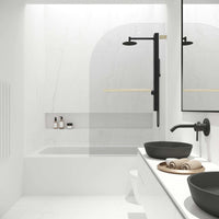 Modern contemporary tub door with seal-through technology and matte gold finish