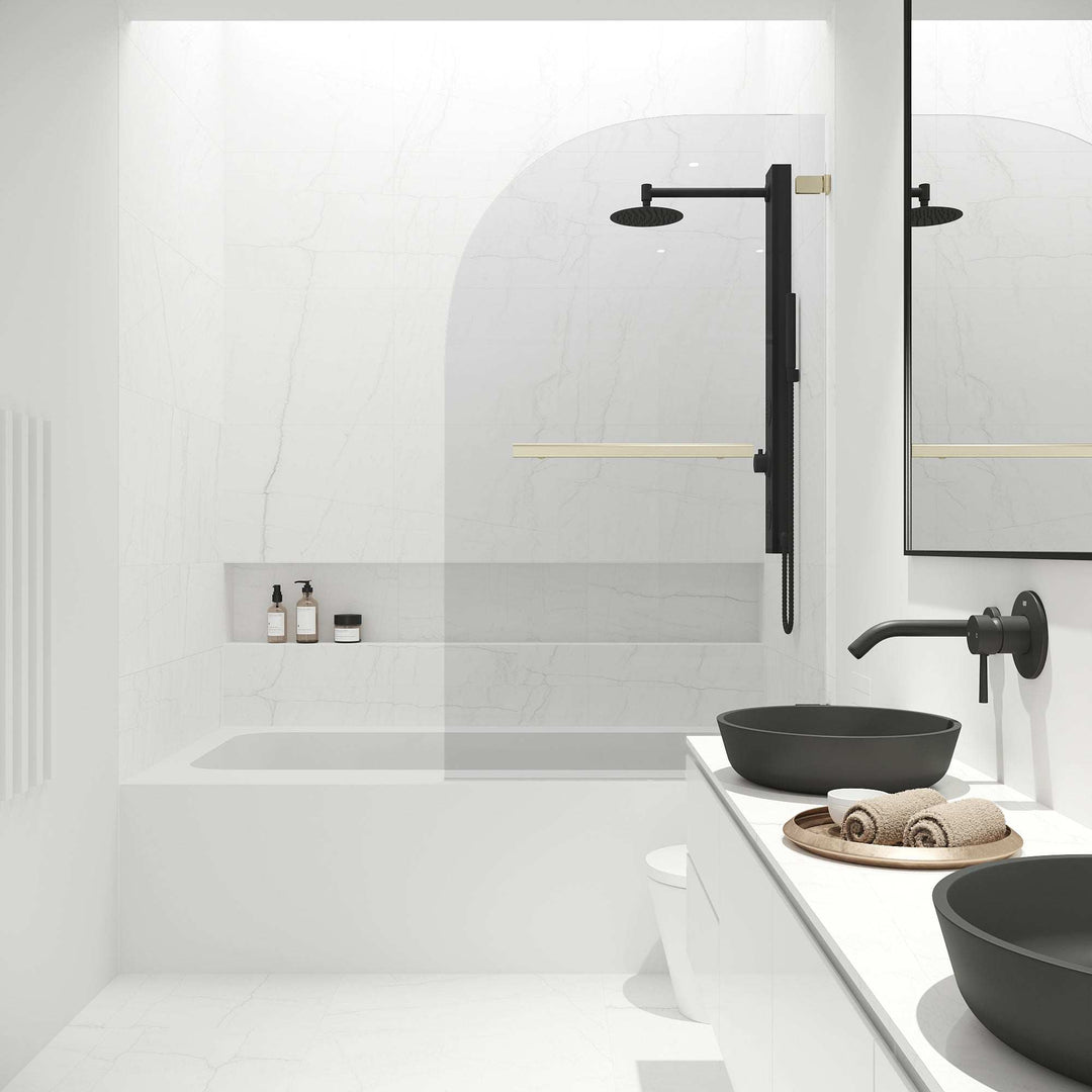 Modern contemporary tub door with seal-through technology and matte gold finish