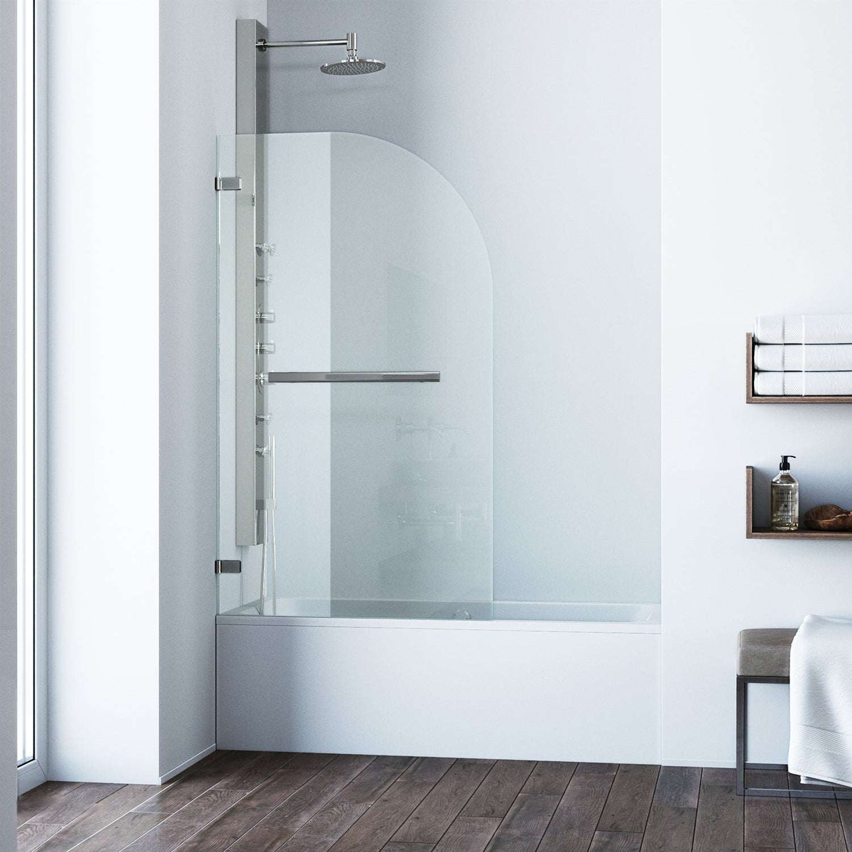 Stainless steel frameless tub door with clear tempered glass and bar handle