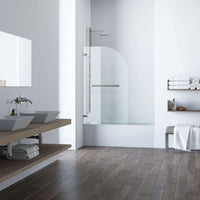 Alcove-style frameless shower door with seal-through technology and stainless steel finish