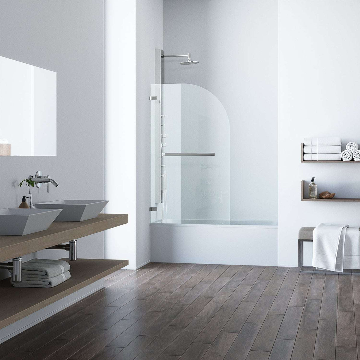 Alcove-style frameless shower door with seal-through technology and stainless steel finish