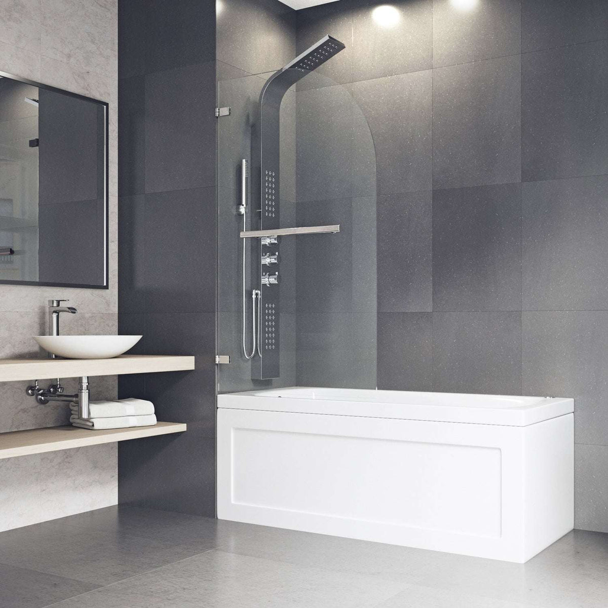 Clear glass hinged tub door with left or right handle position and modern design