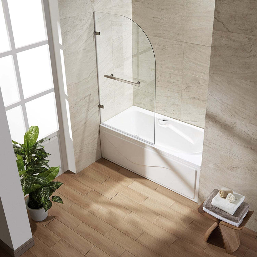 Frameless shower door with stainless steel finish and included mounting hardware