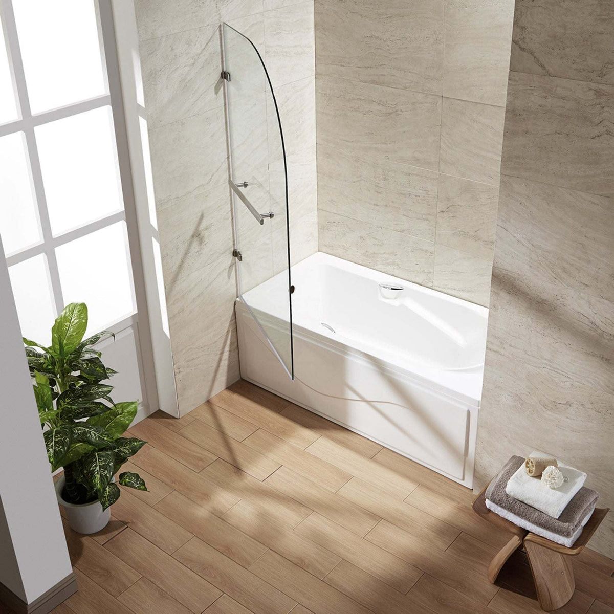 Tempered glass tub door with bar handle and reversible door installation