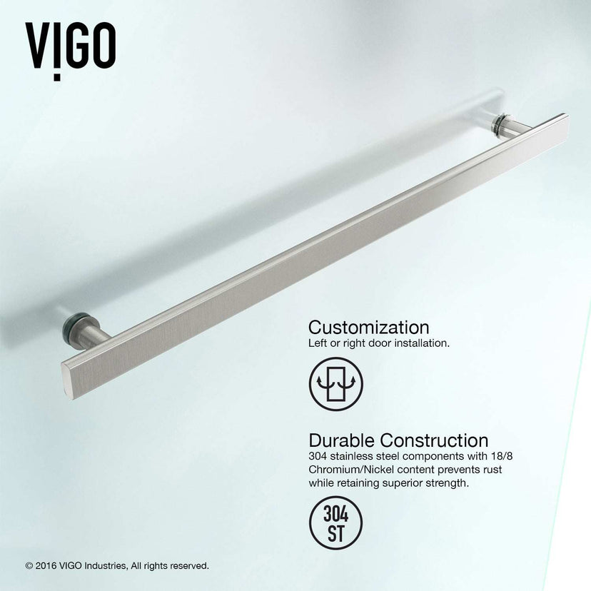 Hinged frameless shower door with towel bar and stainless steel frame