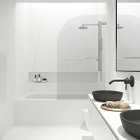 Reversible hinged tub door with tempered glass and stainless steel frame