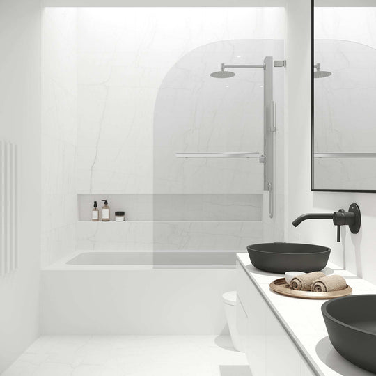 Reversible hinged tub door with tempered glass and stainless steel frame