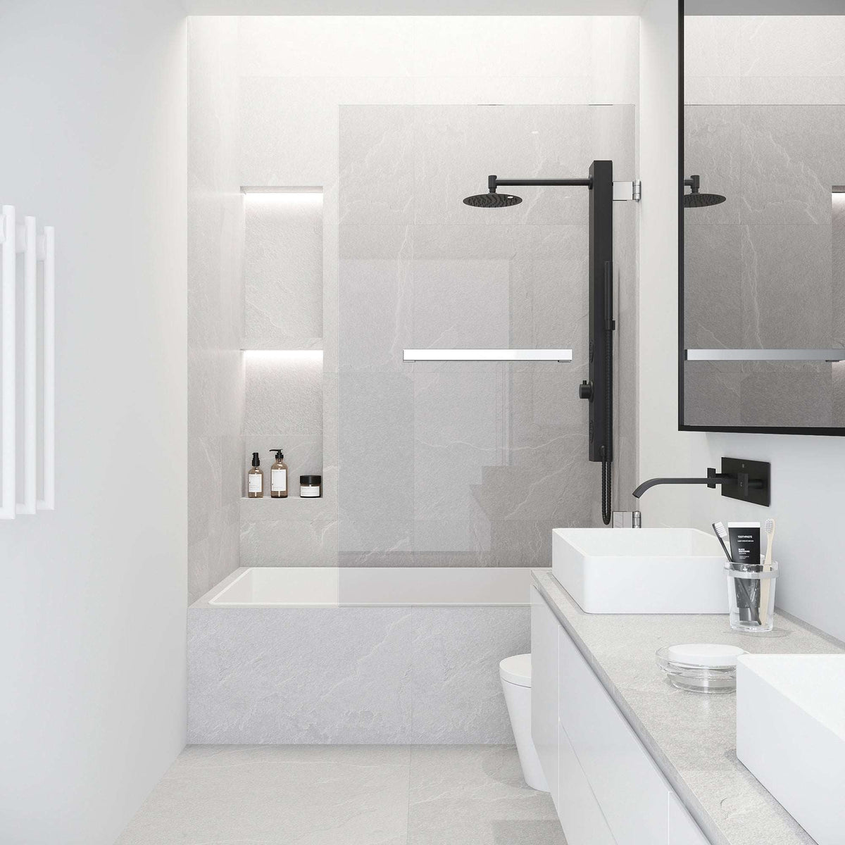 Frameless tub door with chrome finish and included door hardware