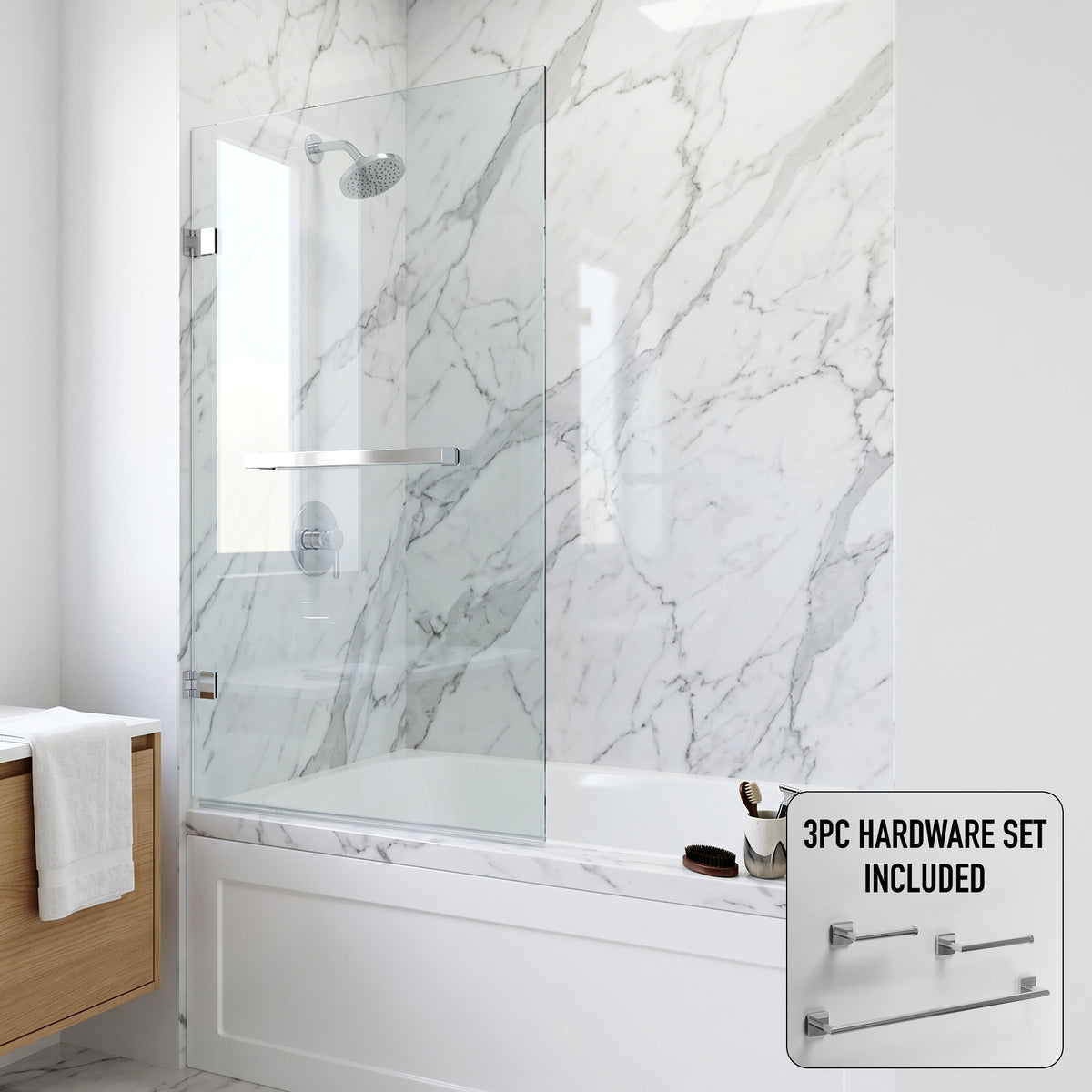 Rialto 34 in. W x 58 in. H Hinged Frameless Tub Door in Chrome with 5/16 in. (8mm) Clear Glass and Satro 3-Piece Bath Hardware Set