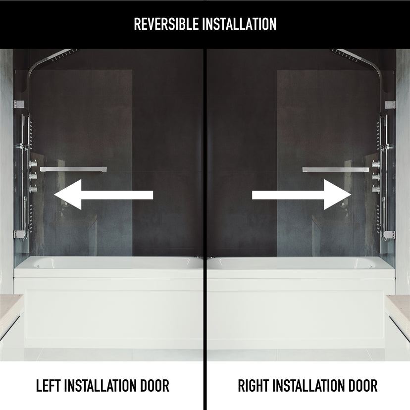 Rialto 34 in. W x 58 in. H Hinged Frameless Tub Door in Chrome with 5/16 in. (8mm) Clear Glass and Satro 3-Piece Bath Hardware Set
