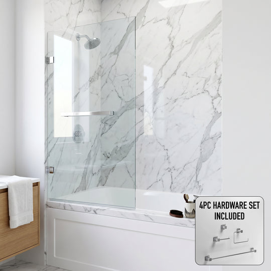 Rialto 34 in. W x 58 in. H Hinged Frameless Tub Door in Chrome with 5/16 in. (8mm) Clear Glass and Meridian 4-Piece Bath Hardware Set