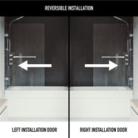 Rialto 34 in. W x 58 in. H Hinged Frameless Tub Door in Chrome with 5/16 in. (8mm) Clear Glass and Meridian 4-Piece Bath Hardware Set