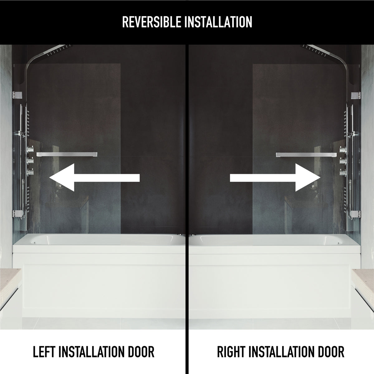 Rialto 34 in. W x 58 in. H Hinged Frameless Tub Door in Chrome with 5/16 in. (8mm) Clear Glass and Meridian 4-Piece Bath Hardware Set