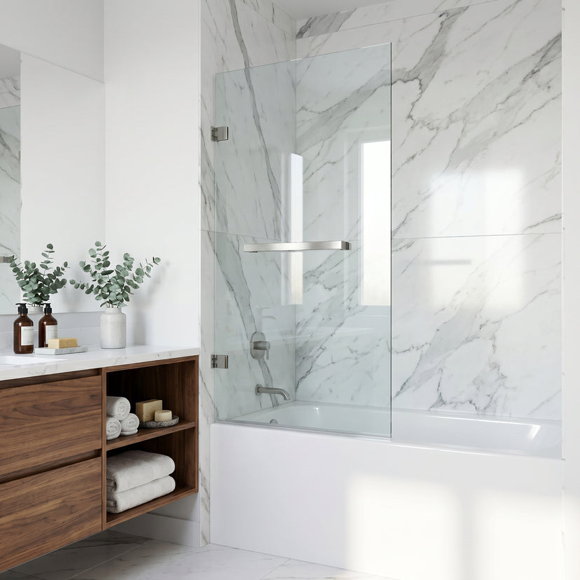 Rialto 34 in. W x 58 in. H Hinged Frameless Tub Door in Chrome with 5/16 in. (8mm) Clear Glass and Meridian 4-Piece Bath Hardware Set