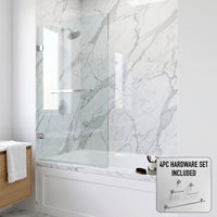 Rialto 34 in. W x 58 in. H Hinged Frameless Tub Door in Chrome with 5/16 in. (8mm) Clear Glass and Cass 4-Piece Bath Hardware Set