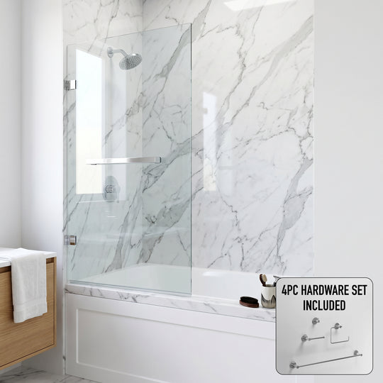 Rialto 34 in. W x 58 in. H Hinged Frameless Tub Door in Chrome with 5/16 in. (8mm) Clear Glass and Cass 4-Piece Bath Hardware Set