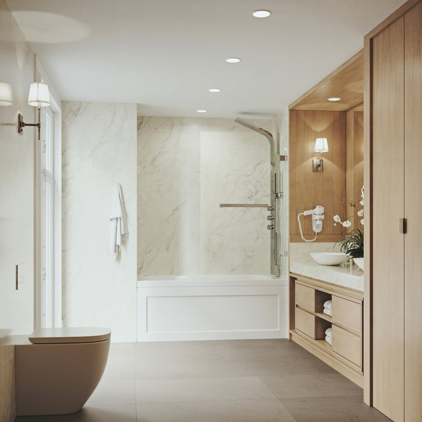 Rialto 34 in. W x 58 in. H Hinged Frameless Tub Door in Chrome with 5/16 in. (8mm) Clear Glass and Cass 4-Piece Bath Hardware Set