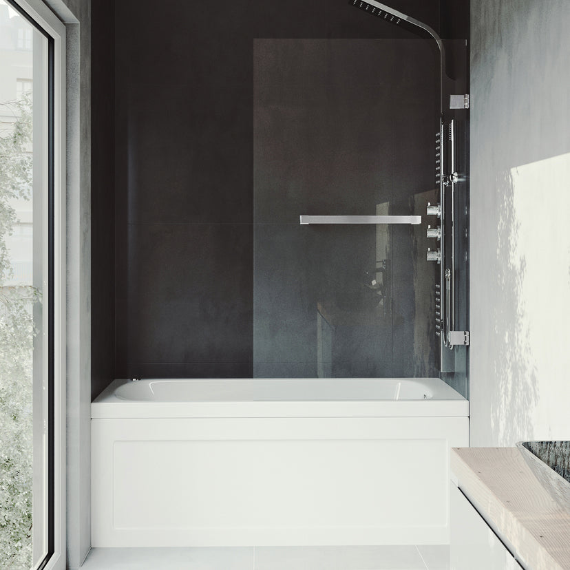 Rialto 34 in. W x 58 in. H Hinged Frameless Tub Door in Chrome with 5/16 in. (8mm) Clear Glass and Cass 4-Piece Bath Hardware Set