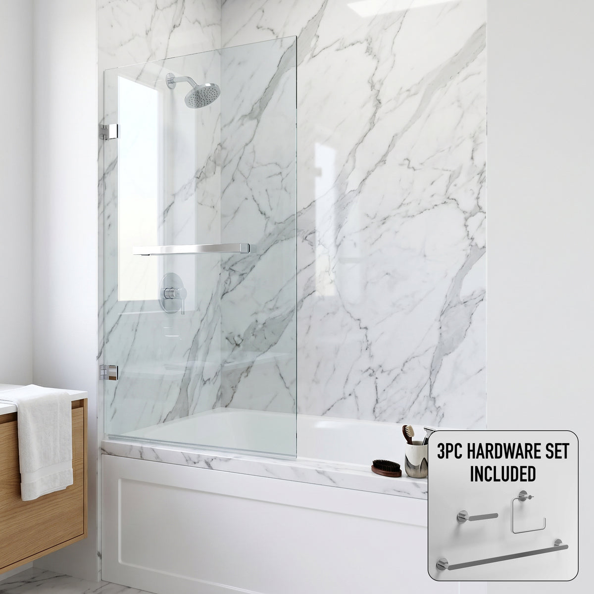 Rialto 34 in. W x 58 in. H Hinged Frameless Tub Door in Chrome with 5/16 in. (8mm) Clear Glass and Arden 3-Piece Bath Hardware Set