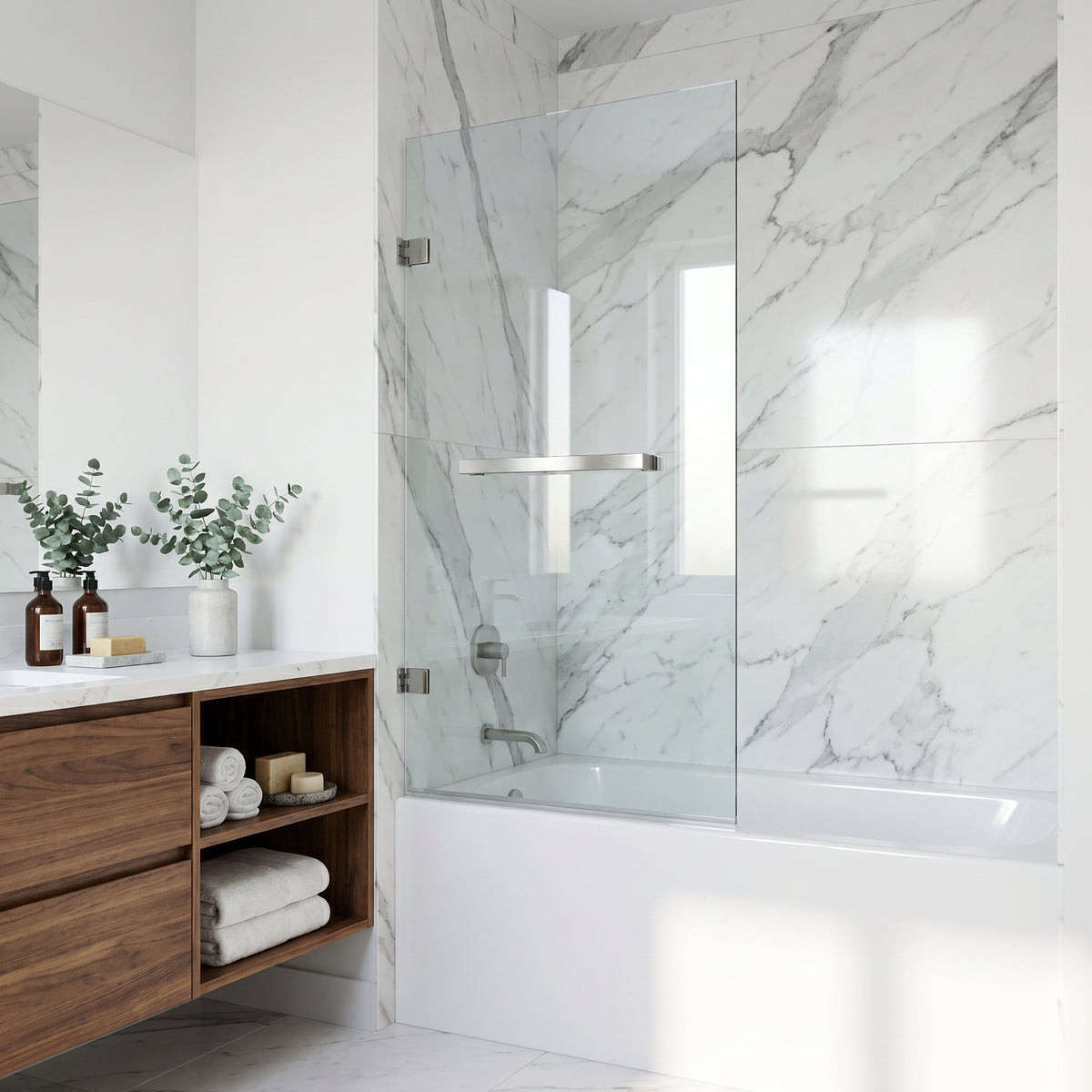 Rialto 34 in. W x 58 in. H Hinged Frameless Tub Door in Chrome with 5/16 in. (8mm) Clear Glass and Arden 3-Piece Bath Hardware Set