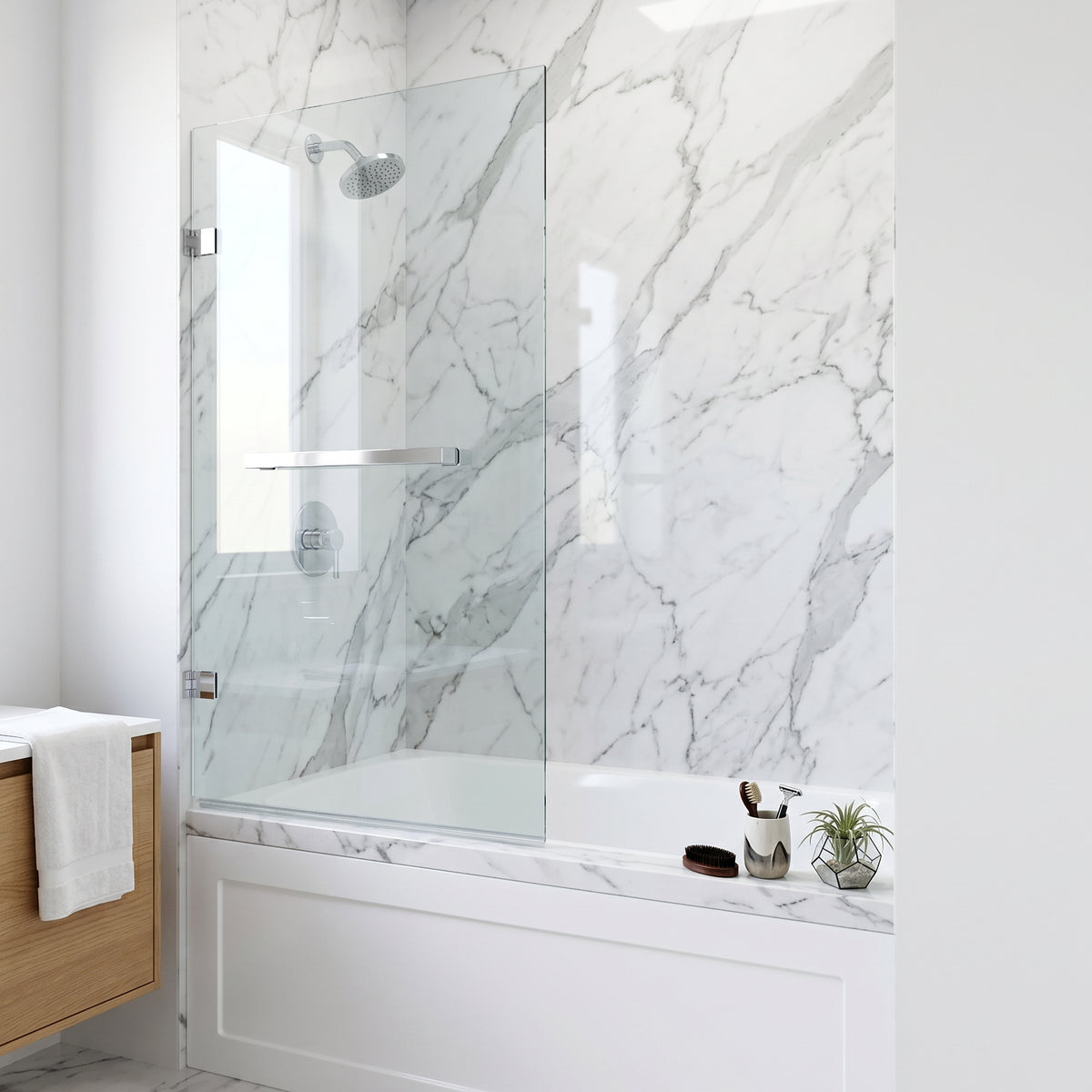 Rialto 34 in. W x 58 in. H Hinged Frameless Tub Door in Chrome with 5/16 in. (8mm) Clear Glass and Arden 3-Piece Bath Hardware Set