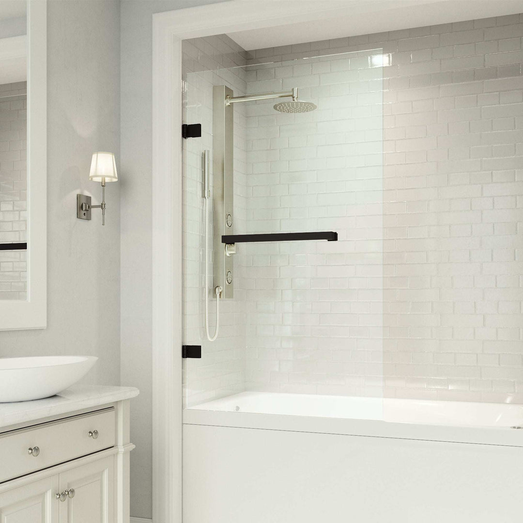 Matte black frameless hinged tub door with clear tempered glass