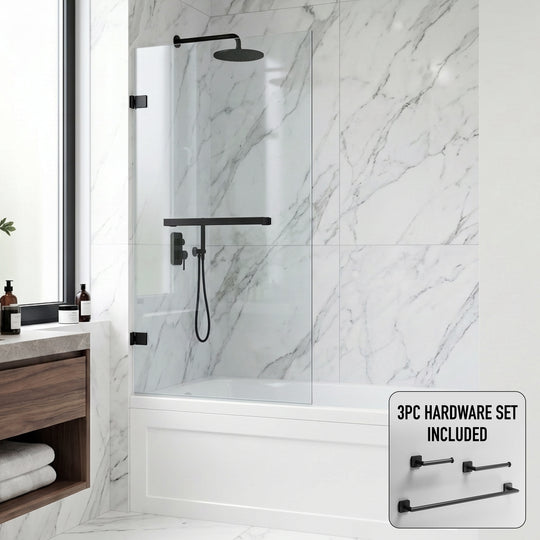 Rialto 34 in. W x 58 in. H Hinged Frameless Tub Door in Matte Black with 5/16 in. (8mm) Clear Glass and Satro 3-Piece Bath Hardware Set