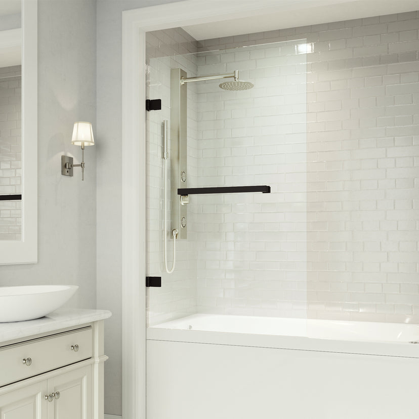 Rialto 34 in. W x 58 in. H Hinged Frameless Tub Door in Matte Black with 5/16 in. (8mm) Clear Glass and Satro 3-Piece Bath Hardware Set