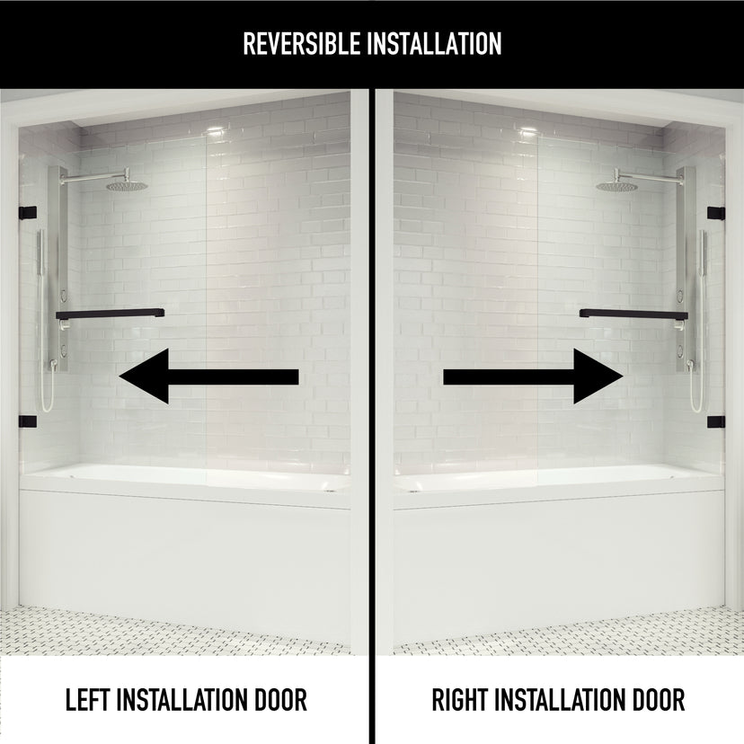 Rialto 34 in. W x 58 in. H Hinged Frameless Tub Door in Matte Black with 5/16 in. (8mm) Clear Glass and Satro 3-Piece Bath Hardware Set