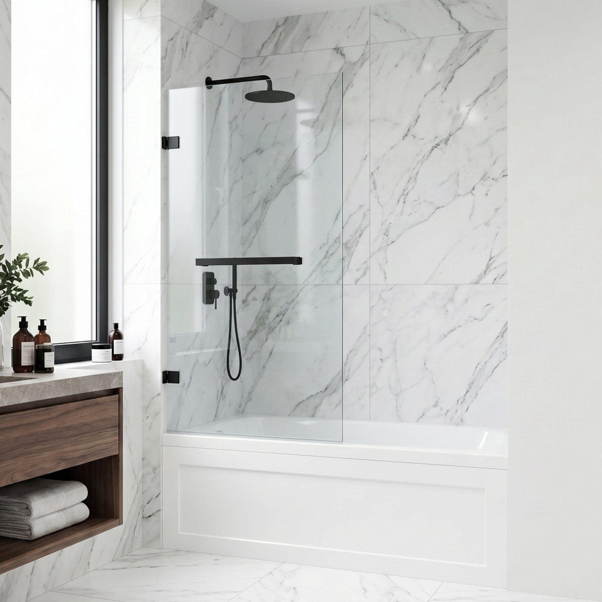 Rialto 34 in. W x 58 in. H Hinged Frameless Tub Door in Matte Black with 5/16 in. (8mm) Clear Glass and Satro 3-Piece Bath Hardware Set