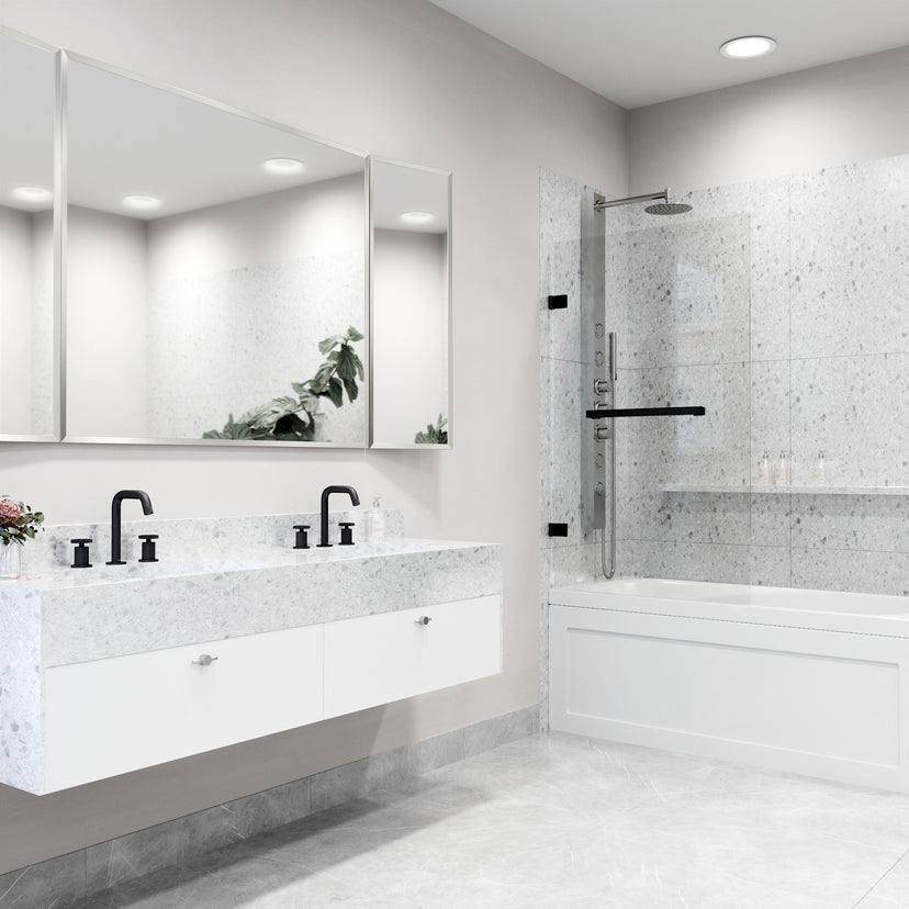 Rialto 34 in. W x 58 in. H Hinged Frameless Tub Door in Matte Black with 5/16 in. (8mm) Clear Glass and Satro 3-Piece Bath Hardware Set