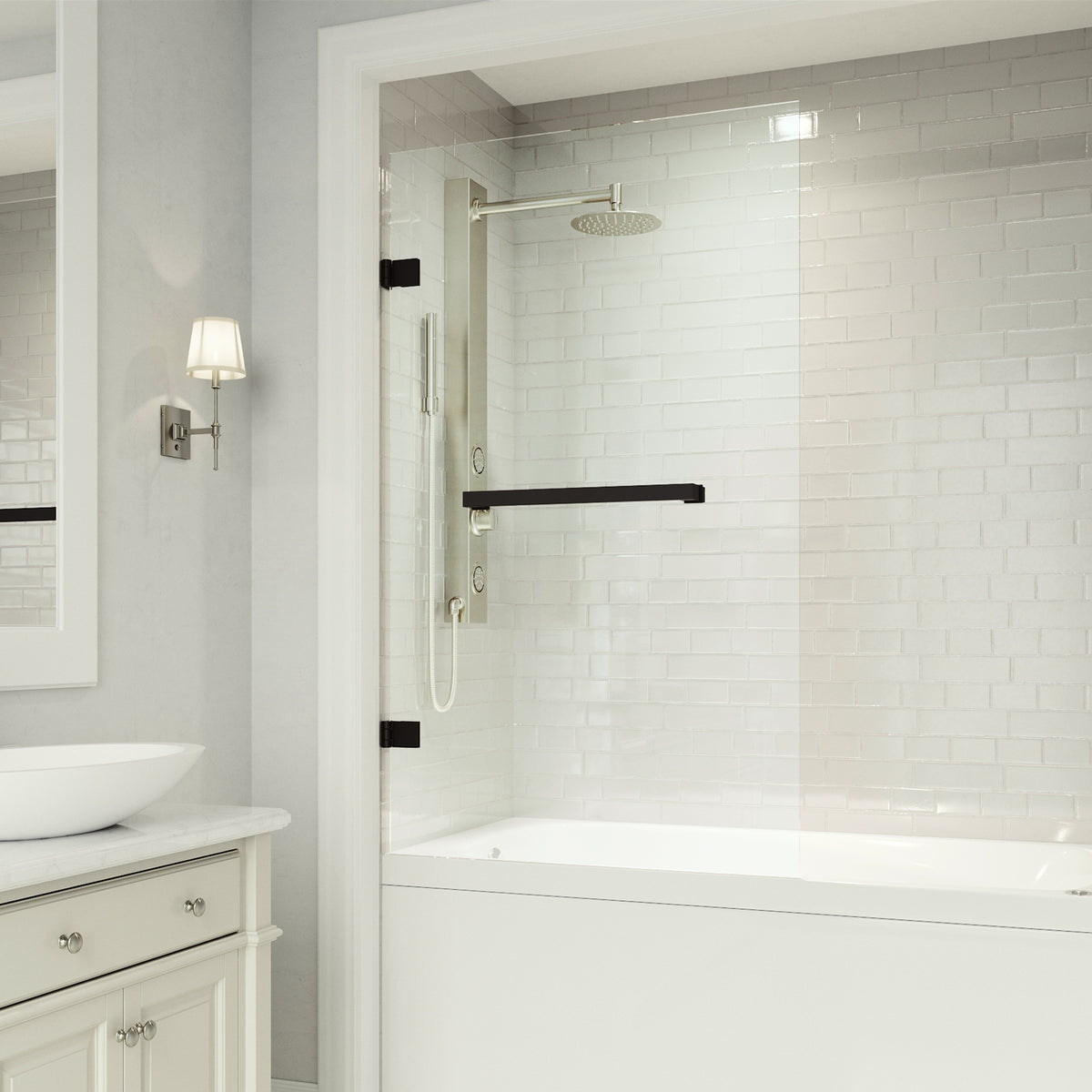 Rialto 34 in. W x 58 in. H Frameless Hinged Tub Door and Meridian 4-Piece Bath Hardware Set in Matte Black
