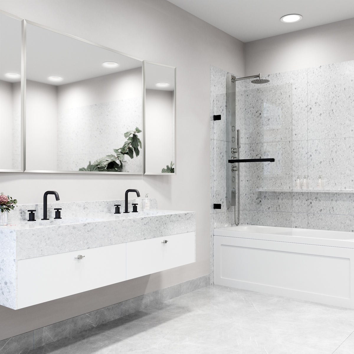 Rialto 34 in. W x 58 in. H Frameless Hinged Tub Door and Meridian 4-Piece Bath Hardware Set in Matte Black